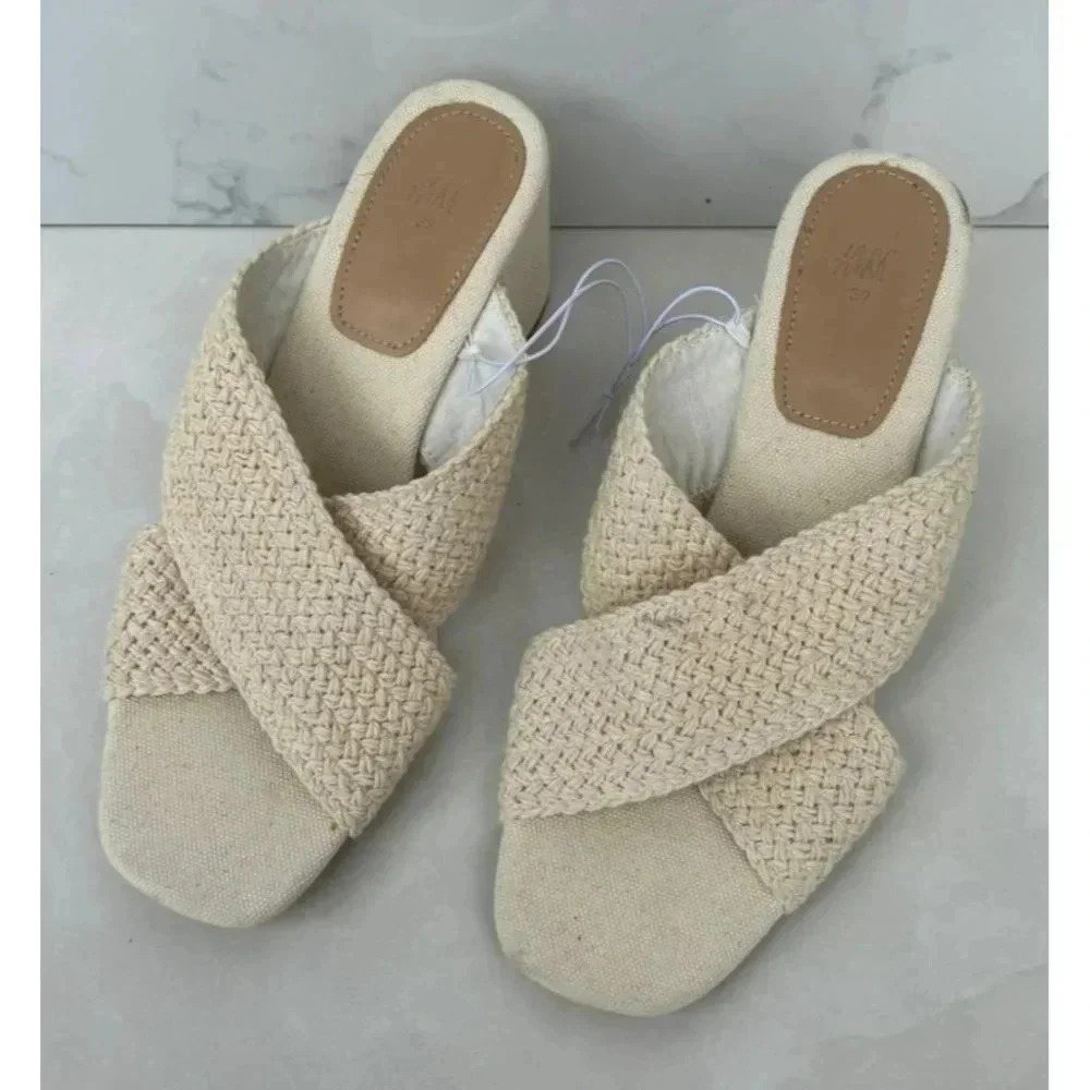 H&M Womens Square Toe Crossover Block Heels Crochet Mules Sandal Beige Sz 8